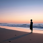 **Prompt 1:** A solitary figure stands peacefully on a vast, deserted beach at dawn or dusk, facing the horizon. Gentle waves softly break at their feet, and the atmosphere is serene and contemplative. The soft, diffused light emphasizes introspection and a moment of quiet personal revelation, symbolizing an inner calling being heard amidst the world's noise. Cinematic, realistic, high detail.