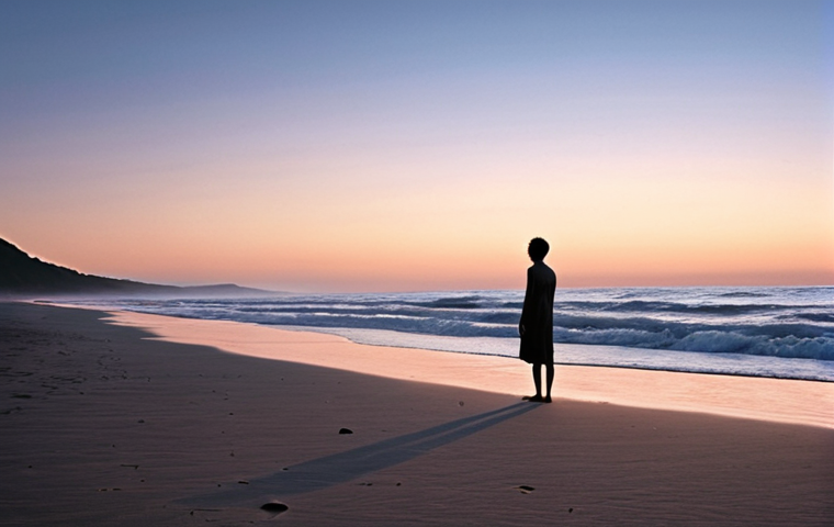 **Prompt 1:** A solitary figure stands peacefully on a vast, deserted beach at dawn or dusk, facing the horizon. Gentle waves softly break at their feet, and the atmosphere is serene and contemplative. The soft, diffused light emphasizes introspection and a moment of quiet personal revelation, symbolizing an inner calling being heard amidst the world's noise. Cinematic, realistic, high detail.