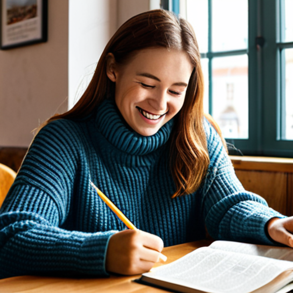 The Joy of Learning**
A woman with a warm smile, fully clothed in a comfortable sweater and jeans, sitting at a wooden table in a cozy cafe, studying an English textbook with notes scattered around. Sunlight streams through the window. In the background, other people are enjoying coffee and conversation. "safe for work", "appropriate content", "fully clothed", "modest", perfect anatomy, correct proportions, well-formed hands, proper finger count, natural body proportions, professional lighting, positive atmosphere.
**