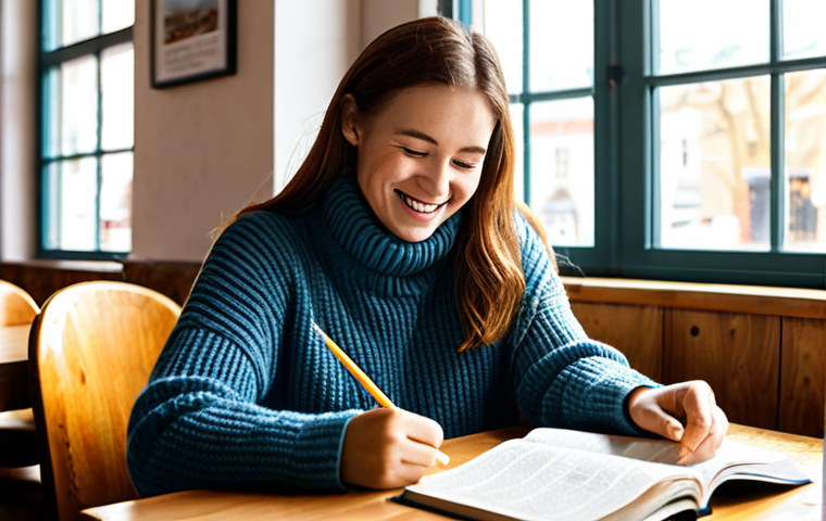 The Joy of Learning**
A woman with a warm smile, fully clothed in a comfortable sweater and jeans, sitting at a wooden table in a cozy cafe, studying an English textbook with notes scattered around. Sunlight streams through the window. In the background, other people are enjoying coffee and conversation. "safe for work", "appropriate content", "fully clothed", "modest", perfect anatomy, correct proportions, well-formed hands, proper finger count, natural body proportions, professional lighting, positive atmosphere.
**