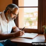 Home 22 개인 미션의 핵심 요소 파악하기 - A serene home office scene with a middle-aged Spanish man thoughtfully writing in a journal, surroun...