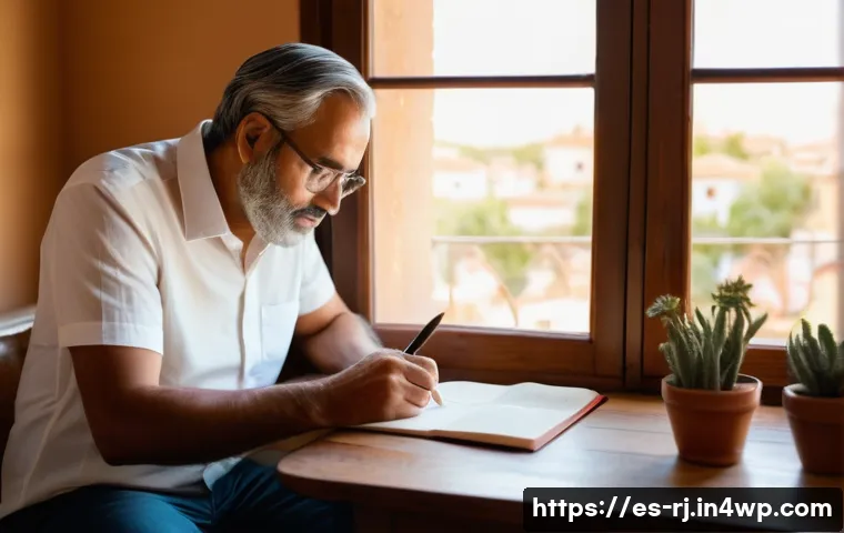 개인 미션의 핵심 요소 파악하기 - A serene home office scene with a middle-aged Spanish man thoughtfully writing in a journal, surroun...