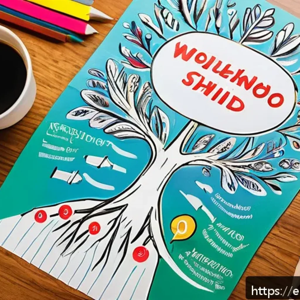 개인 미션 개발을 위한 비주얼화 기법 - A vibrant and colorful mind map spread out on a wooden desk, featuring a central goal represented by...