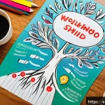 Home 21 개인 미션 개발을 위한 비주얼화 기법 - A vibrant and colorful mind map spread out on a wooden desk, featuring a central goal represented by...