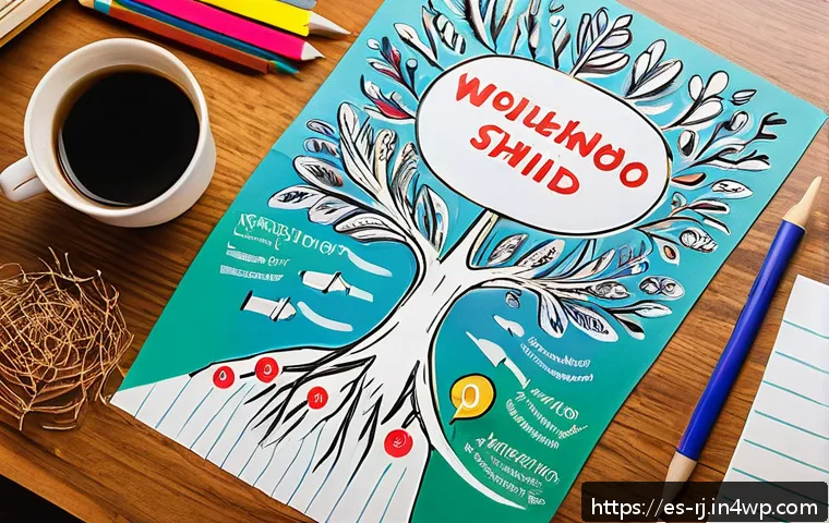 개인 미션 개발을 위한 비주얼화 기법 - A vibrant and colorful mind map spread out on a wooden desk, featuring a central goal represented by...