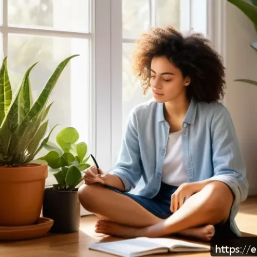Home 32 개인 미션 개발 과정의 중요성 - A thoughtful young Hispanic woman sitting cross-legged in a cozy, sunlit room filled with plants and...