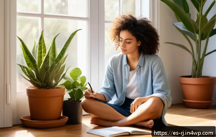 개인 미션 개발 과정의 중요성 - A thoughtful young Hispanic woman sitting cross-legged in a cozy, sunlit room filled with plants and...