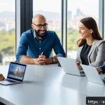 Home 23 개인 미션 개발을 위한 팀 빌딩 기법 - A diverse professional team gathered around a modern conference table in a bright, contemporary offi...