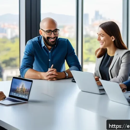 Home 17 개인 미션 개발을 위한 팀 빌딩 기법 - A diverse professional team gathered around a modern conference table in a bright, contemporary offi...
