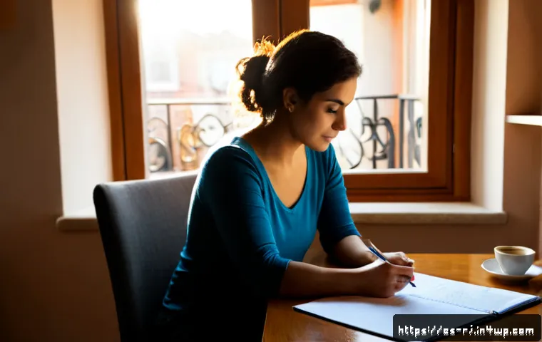 개인 미션 실천 후의 반성 과정 - Photorealistic Spanish-speaking adult seated at a tidy home desk after completing a personal goal, t...